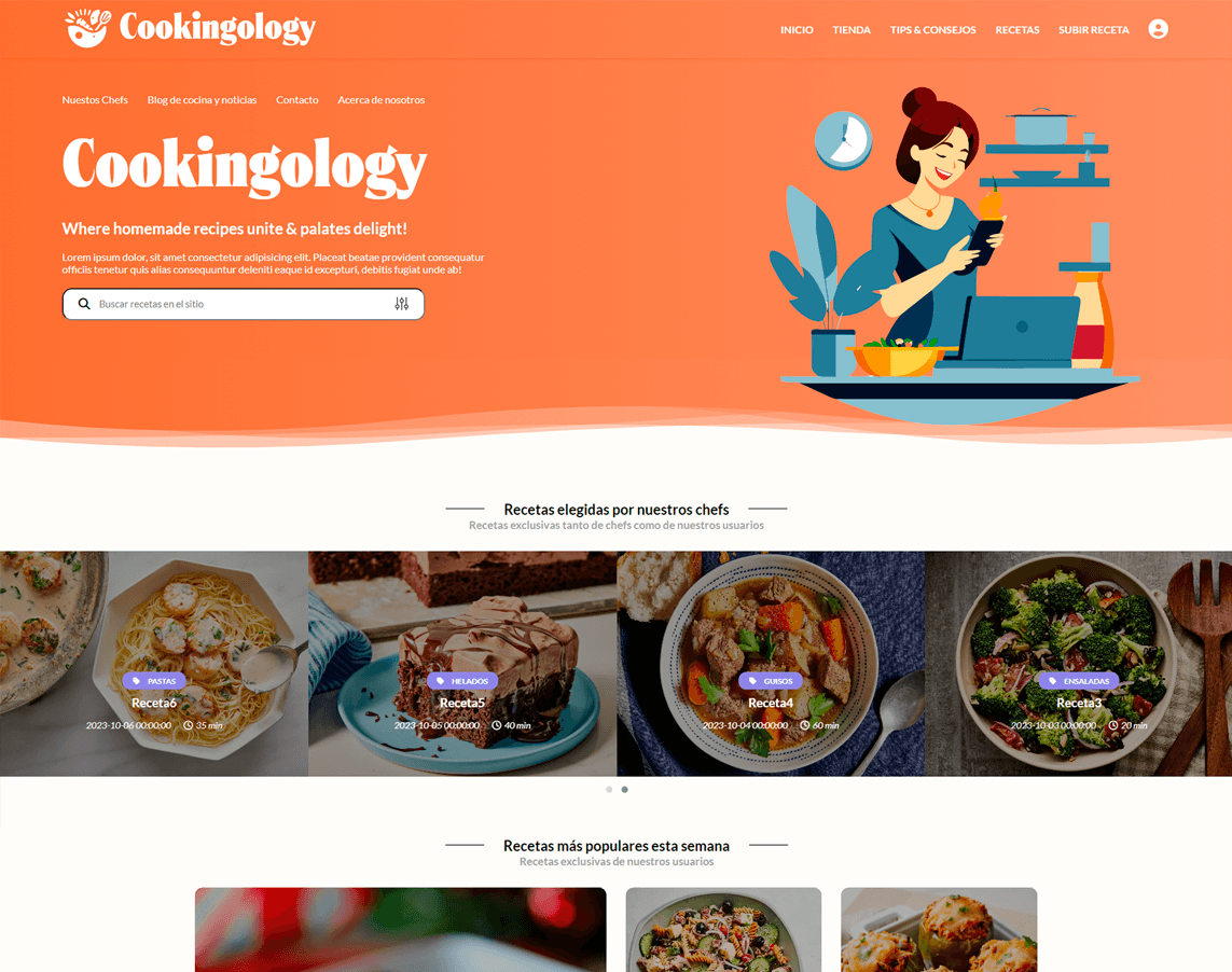 Screenshot of Cookingology, a Python Flask recipe site with search and a functional CRUD, built with a team
