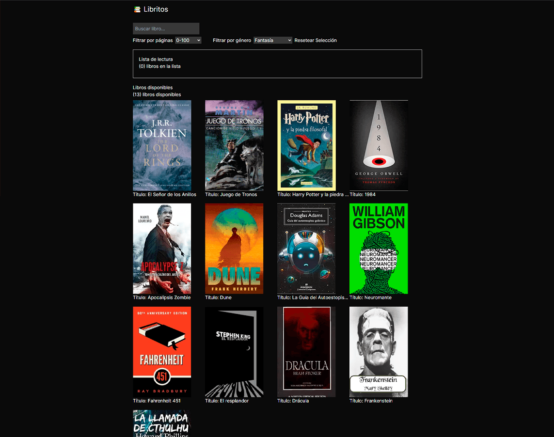 Screenshot of Online Library, a React and Next.js app showing genre filters, title search and a reading list