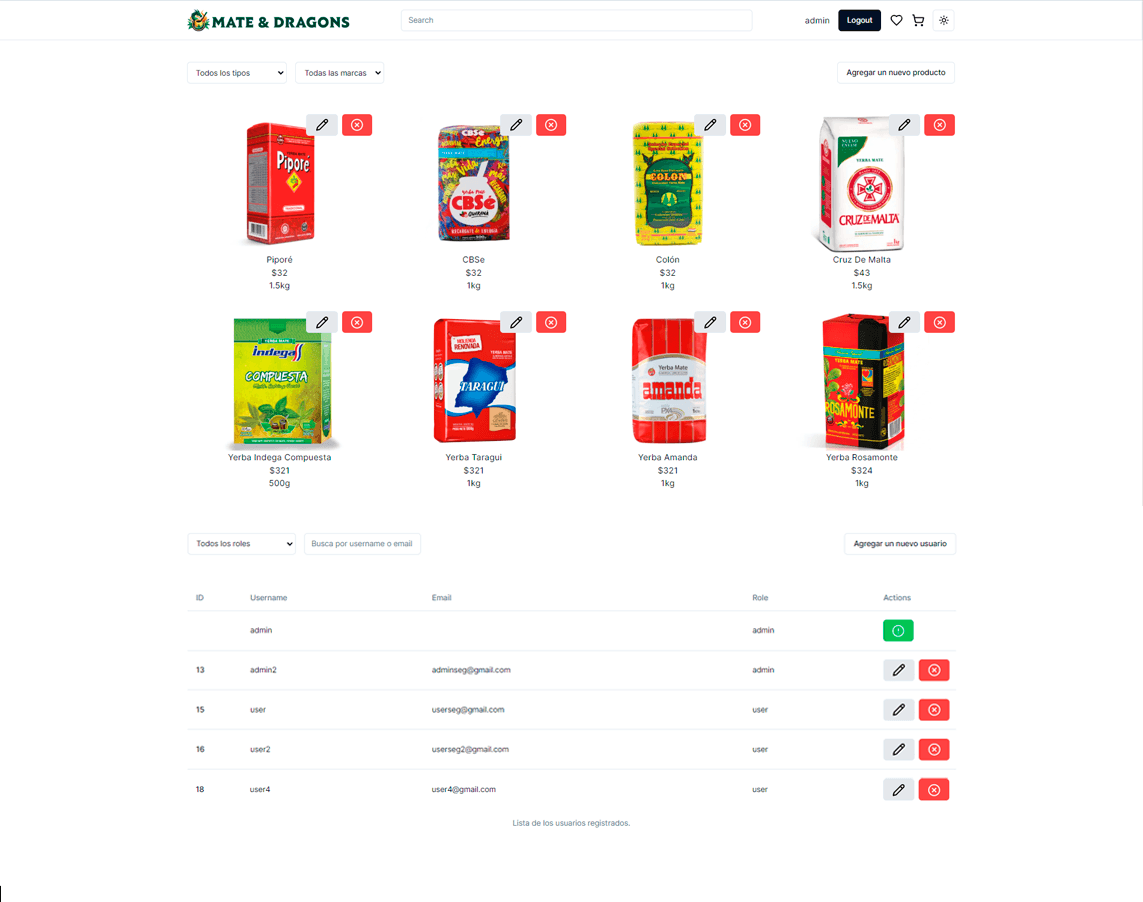 Screenshot of Mate and Dragons, a Next.js and Symfony e-commerce store for yerba mate, showing the product listing page